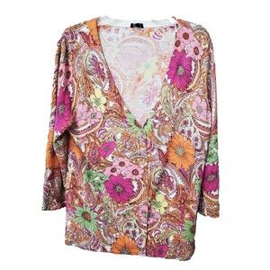 Talbots Cotton Blend Multicolor Floral Paisley V-Neck Button-Up Cardigan Size L